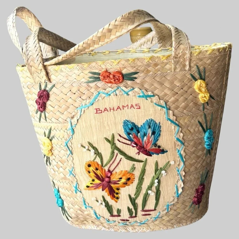 Vintage Bahamas Woven Handmade Straw Bag Butterfly Jumbo Tote or Beach Bag